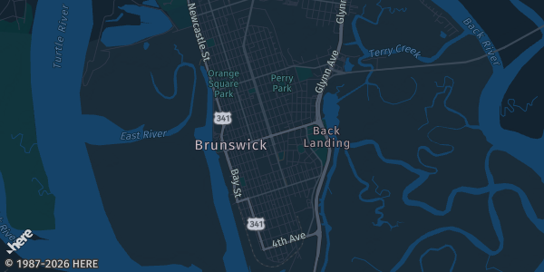 Map of Brunswick, GA. The exact address of Selden Park Gym is not known, so the map shows the area rather than a specific building.