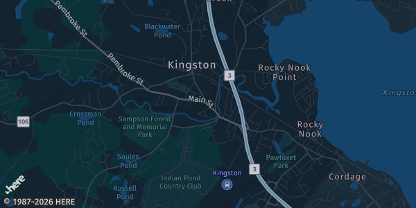 Map of Kingston, MA. The exact address of Kingston Collection Mall is not known, so the map shows the area rather than a specific building.