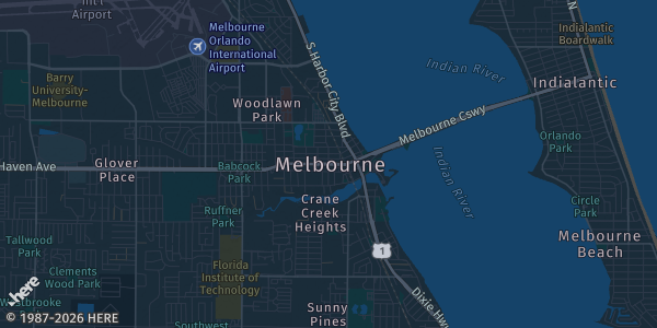 Map of Melbourne, FL. The exact address of Wickham Park Community Center is not known, so the map shows the area rather than a specific building.