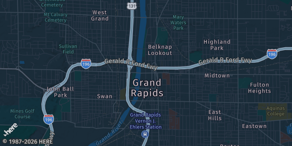 Map of Grand Rapids, MI. The exact address of Grand Rapids Comic Con is not known, so the map shows the area rather than a specific building.