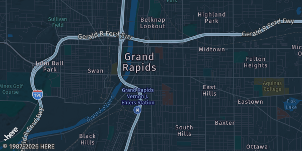 Map of Grand Rapids, MI. The exact address of American Legion is not known, so the map shows the area rather than a specific building.