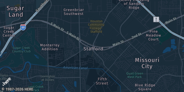 Map of Stafford, TX. The exact address of Stafford Centre is not known, so the map shows the area rather than a specific building.