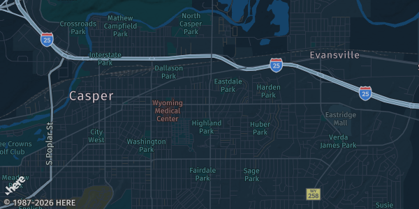 Map of Casper, WY. The exact address of Central Wyoming Fair & Rodeo is not known, so the map shows the area rather than a specific building.