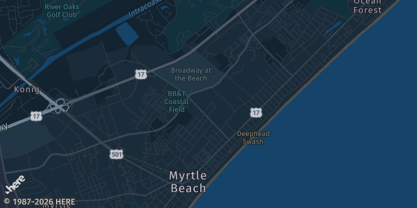 Map of Myrtle Beach, SC. The exact address of "Happy Easter" Coastal-Carolina Con is not known, so the map shows the area rather than a specific building.