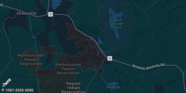 Map of Mashantucket, CT. The exact address of Foxwoods Resort Casino/Rainmaker Expo Center is not known, so the map shows the area rather than a specific building.