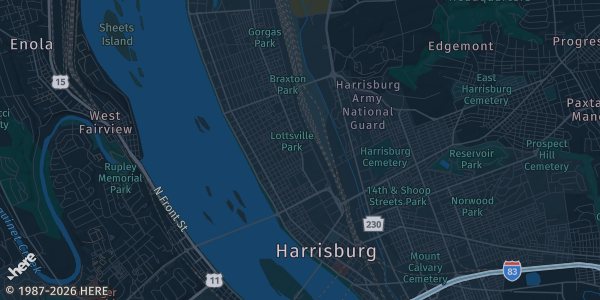 Map of Harrisburg, PA. The exact address of The Pennsylvania Farm Show Complex is not known, so the map shows the area rather than a specific building.