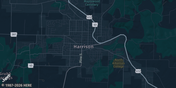Map of Harrison, AR. The exact address of Signature Bank Community Room is not known, so the map shows the area rather than a specific building.