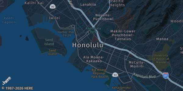 Map of Honolulu, HI. The exact address of Neal S. Blaisdell Center Exhibition Hall is not known, so the map shows the area rather than a specific building.