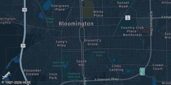 Map of Bloomington, IL. The exact address of Interstate Center is not known, so the map shows the area rather than a specific building.