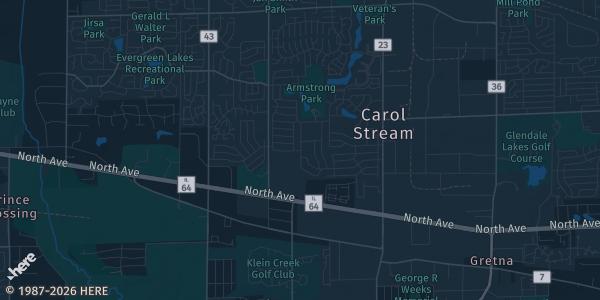 Map of Carol Steam, IL. The exact address of Holiday Inn & Suites is not known, so the map shows the area rather than a specific building.