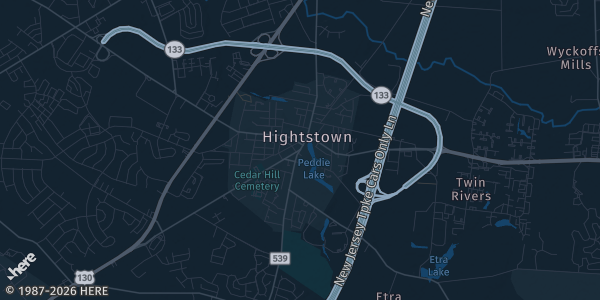 Map of hHghtstown, NJ. The exact address of St Anthony of Padua Gymnasium is not known, so the map shows the area rather than a specific building.