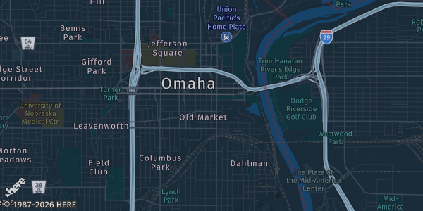 Map of Omaha, NE. The exact address of The Admiral is not known, so the map shows the area rather than a specific building.