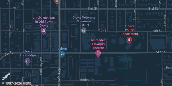 Map showing Clovis Veterans Memorial Center in Clovis, CA.