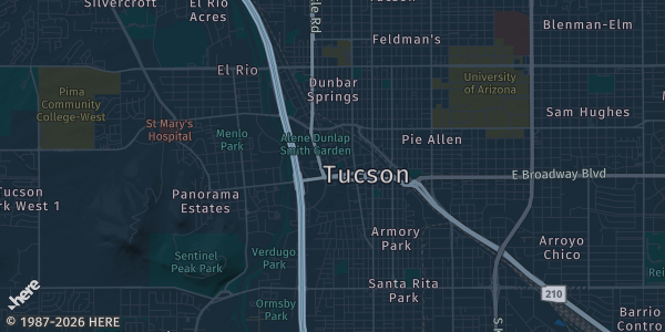 Map of Tucson, AZ. The exact address of Kino Event Center is not known, so the map shows the area rather than a specific building.