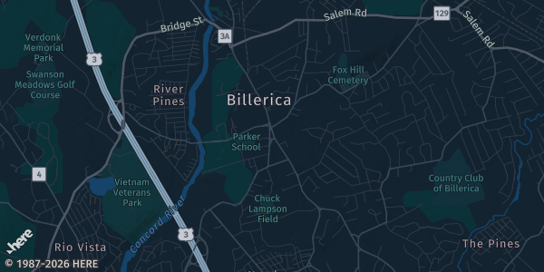 Map of Billerica, MA. The exact address of Billerica Elks Lodge #2071 is not known, so the map shows the area rather than a specific building.