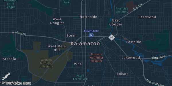 Map of Kalamazoo, MI. The exact address of Wings Stadium is not known, so the map shows the area rather than a specific building.