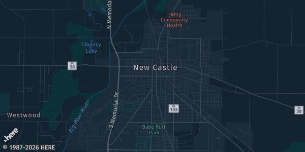 Map of New Castle, IN. The exact address of New Castle Middle School is not known, so the map shows the area rather than a specific building.
