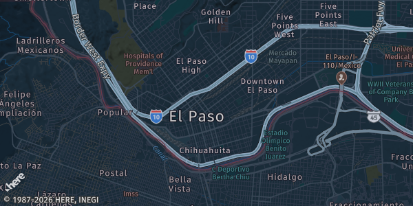 Map of El Paso, TX. The exact address of Hotel Lenox is not known, so the map shows the area rather than a specific building.