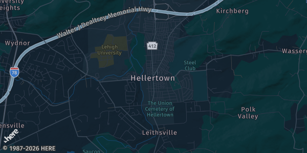 Map of Hellertown, PA. The exact address of American Legion is not known, so the map shows the area rather than a specific building.