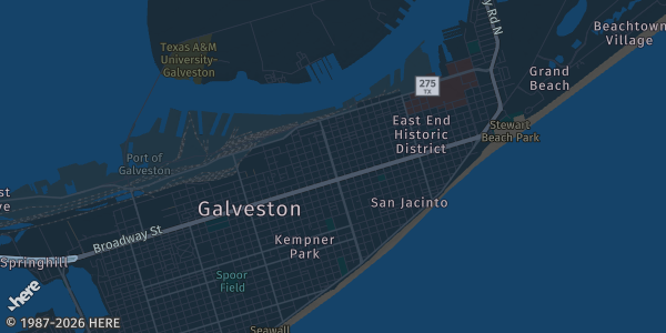 Map of Galveston, TX. The exact address of Moody Gardens Convention Center is not known, so the map shows the area rather than a specific building.