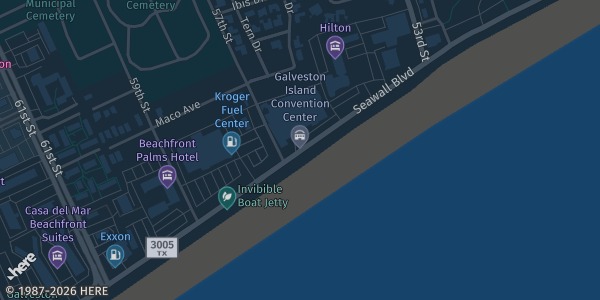 Map showing Galveston Island Convention Center in Galveston, TX.