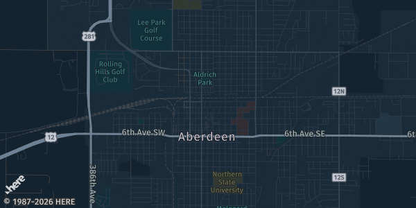 Map of Aberdeen, SD. The exact address of Journey Church is not known, so the map shows the area rather than a specific building.