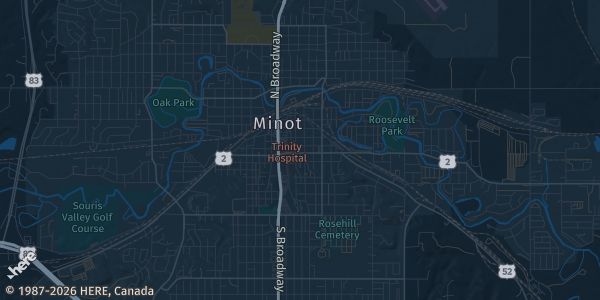 Map of Minot, ND. The exact address of State Fair Center is not known, so the map shows the area rather than a specific building.