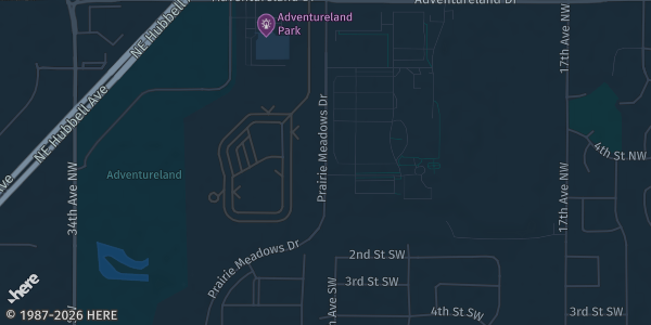 Map showing Prairie Meadows Casino in Altoona, IA.