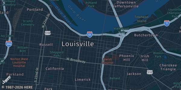 Map of Louisville, KY. The exact address of Our Mother of Sorrows Lyons Hall is not known, so the map shows the area rather than a specific building.