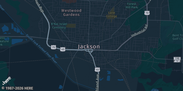 Map of Jackson, TN. The exact address of Clarion Hotel is not known, so the map shows the area rather than a specific building.