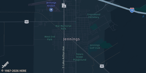 Map of Jennings, LA. The exact address of Jeff Davis Parish Fair Grounds is not known, so the map shows the area rather than a specific building.