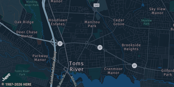 Map of Toms River, NJ. The exact address of Elks Lodge is not known, so the map shows the area rather than a specific building.