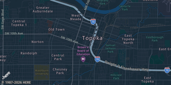 Map of Topeka, KS. The exact address of Maner Conference Center is not known, so the map shows the area rather than a specific building.