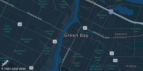 Map of Green bay, WI. The exact address of Neville public museum is not known, so the map shows the area rather than a specific building.