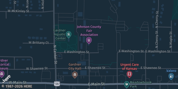 Map showing Johnson County Fairgrounds in Gardner, KS.