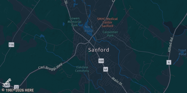 Map of Sanford, ME. The exact address of Sanford Memorial Gymnasium is not known, so the map shows the area rather than a specific building.