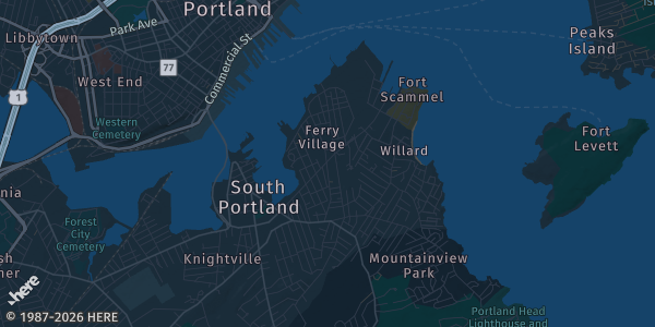 Map of South Portland, ME. The exact address of DoubleTree by Hilton Hotel Portland, ME is not known, so the map shows the area rather than a specific building.