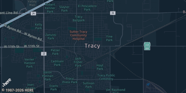 Map of Tracy, CA. The exact address of West Valley Mall is not known, so the map shows the area rather than a specific building.