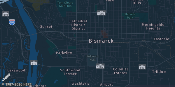 Map of Bismarck, ND. The exact address of Kirkwood Mall Card Show is not known, so the map shows the area rather than a specific building.