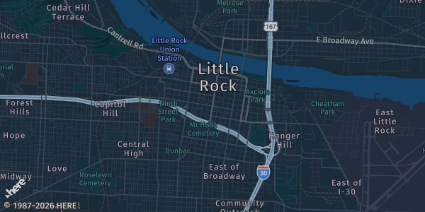 Map of Little Rock, AR. The exact address of Little Rock Marriott is not known, so the map shows the area rather than a specific building.
