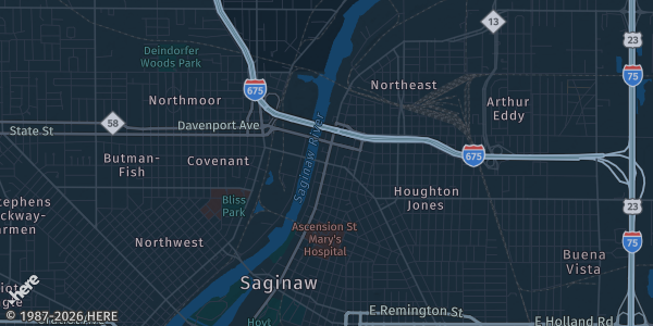 Map of Saginaw, M, MI. The exact address of Kochville Veterans Hall is not known, so the map shows the area rather than a specific building.