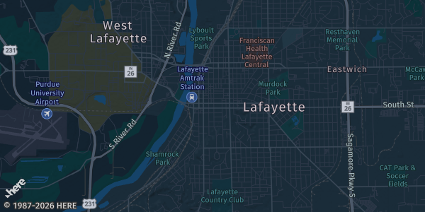 Map of Lafayette, IN. The exact address of Lafayette Comic-Con is not known, so the map shows the area rather than a specific building.