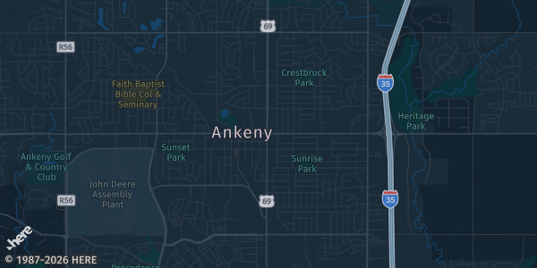 Map of Ankeny, IA. The exact address of Lakeside Community Center is not known, so the map shows the area rather than a specific building.