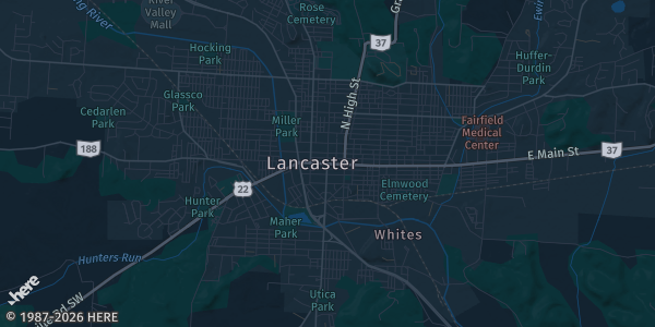 Map of Lancaster, OH. The exact address of Lancaster Camp Ground is not known, so the map shows the area rather than a specific building.