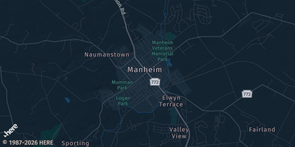 Map of Manheim, PA. The exact address of Spooky Nook Sports is not known, so the map shows the area rather than a specific building.