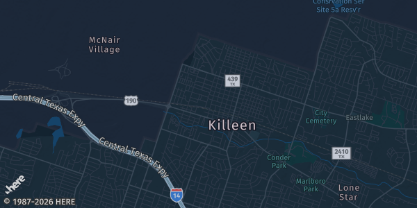 Map of Killeen, TX. The exact address of Killeen Civic & Conference Center (Ballroom A & B) is not known, so the map shows the area rather than a specific building.