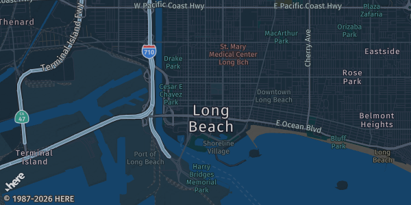 Map of Long Beach, CA. The exact address of Hilton Long Beach is not known, so the map shows the area rather than a specific building.