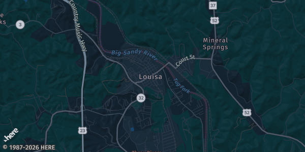 Map of Louisa, KY. The exact address of Lawrence county public library is not known, so the map shows the area rather than a specific building.