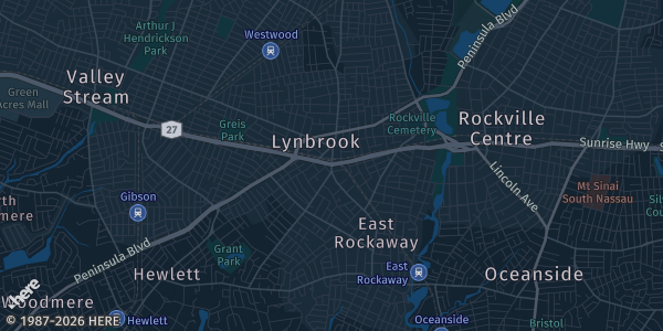 Map of Lynbrook, NY. The exact address of New York Elks Lodge is not known, so the map shows the area rather than a specific building.
