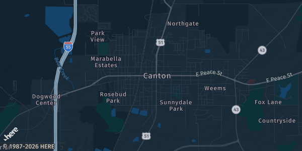 Map of Canton, MS. The exact address of Canton Multipurpose & Equine Center is not known, so the map shows the area rather than a specific building.